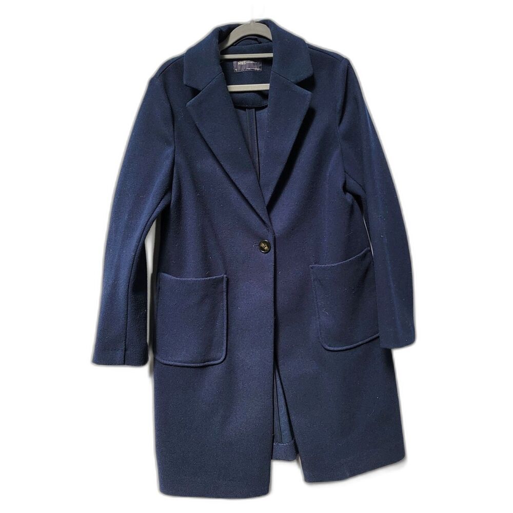 M & S Navy Blue Over Coat Solid Notched Lapel Collar w 2 Pockets Fleece Jacket 6